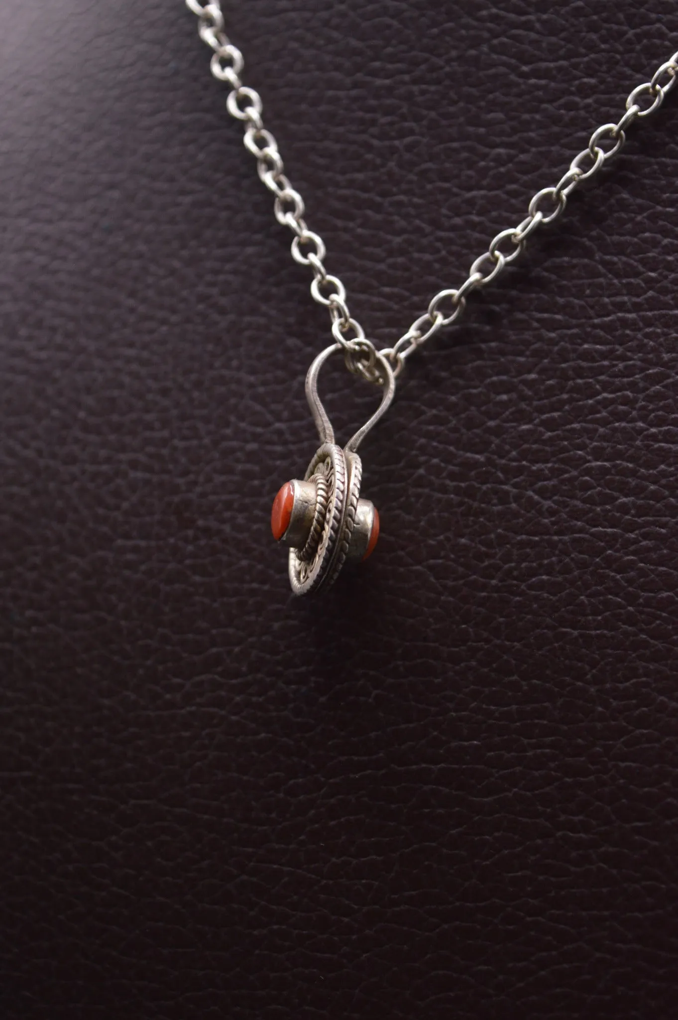 Red Coral Stone Silver Round Pendant Necklace For Women