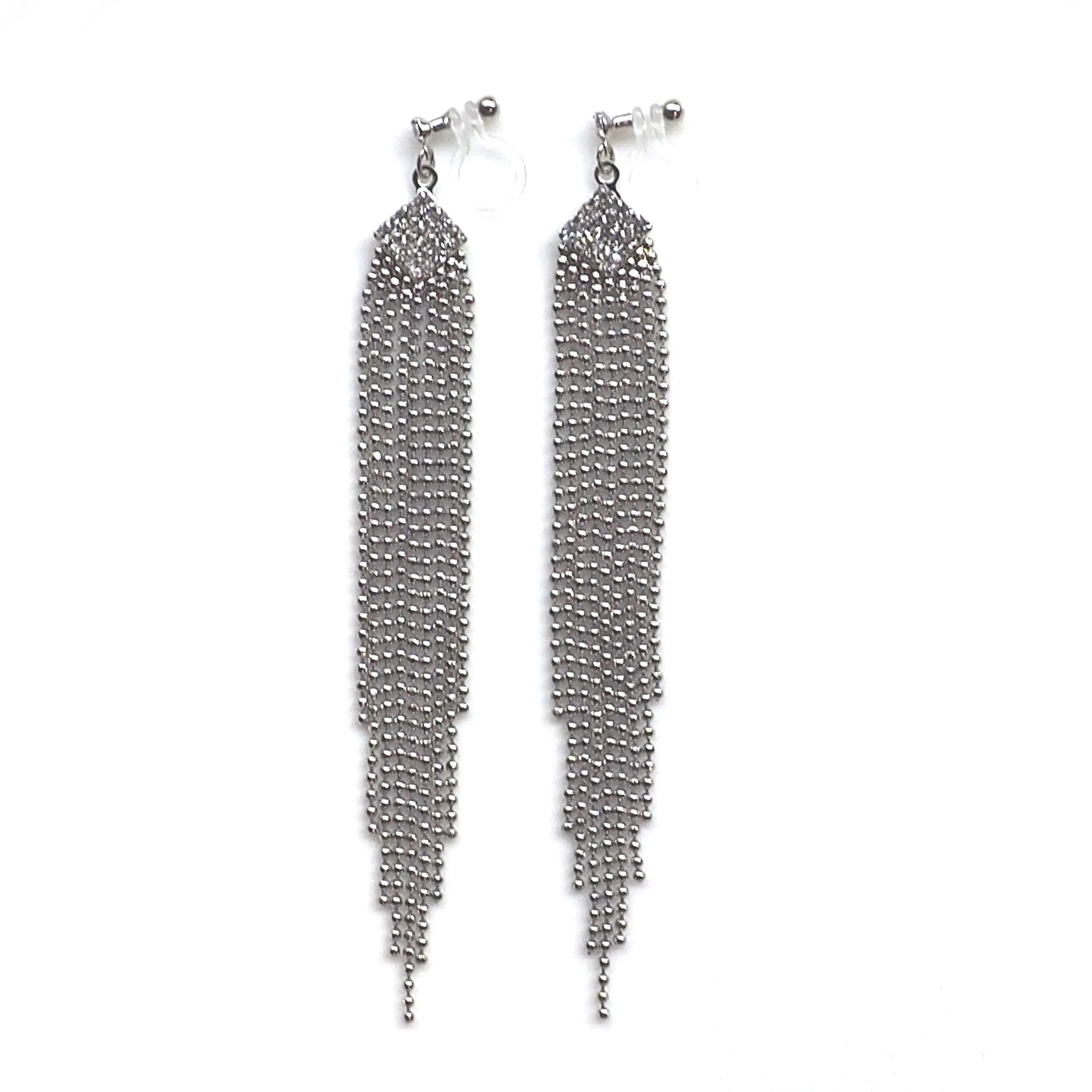 Rhinestone and silver ball chain invisible clip on earrings