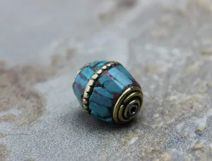 Round Brass, Coral and Turquoise Tibetan Bead 12mm