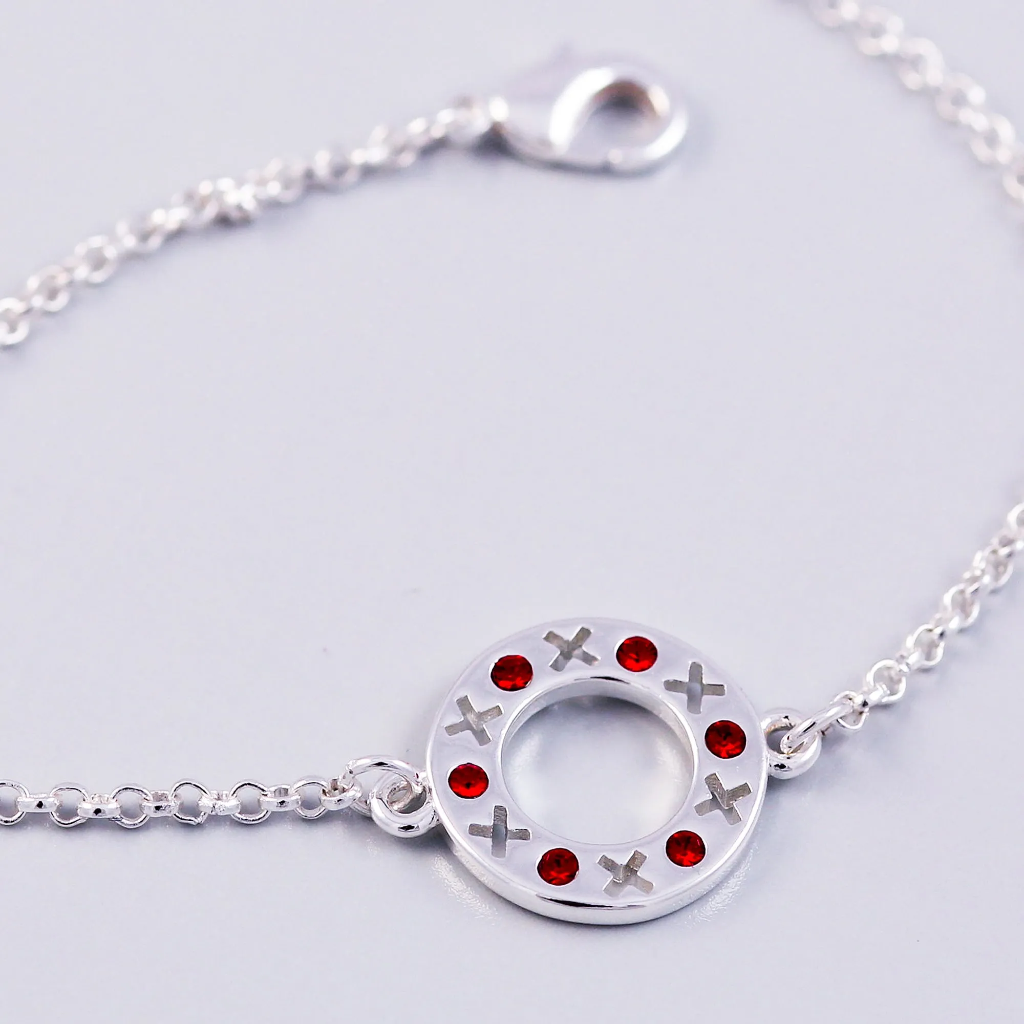 Silver Ruby July Birthstone XOXO Circle Bracelet