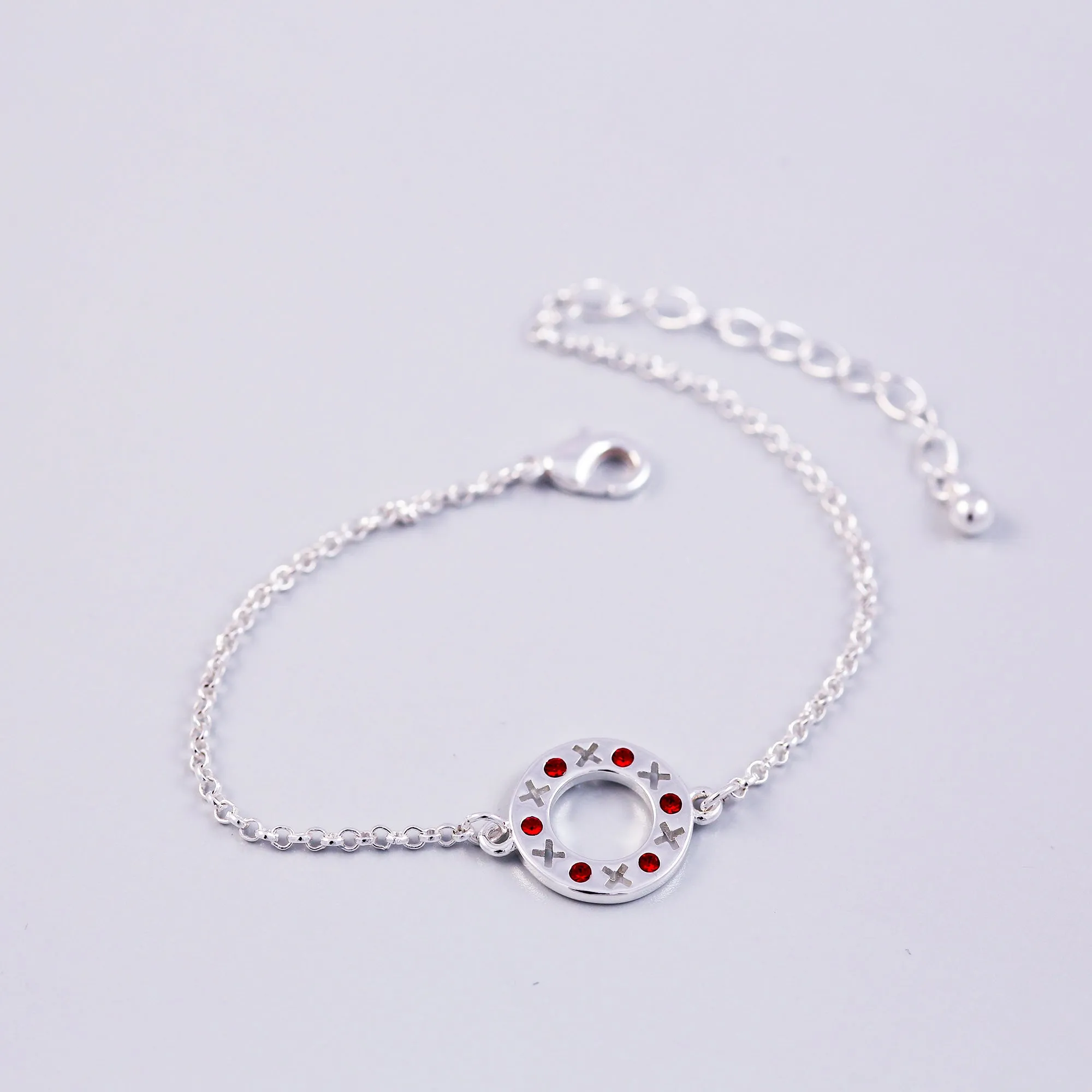 Silver Ruby July Birthstone XOXO Circle Bracelet