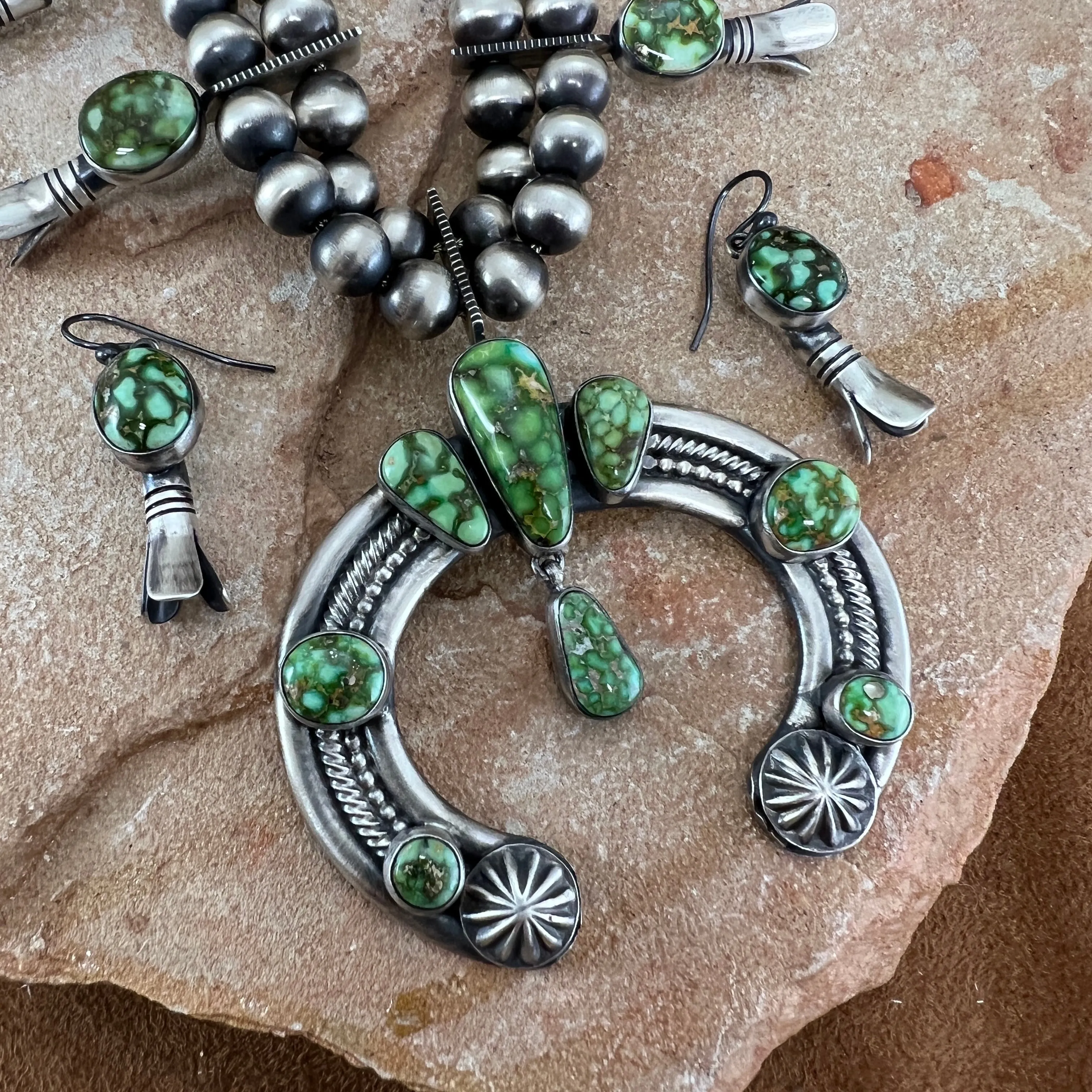 Sonoran Gold Turquoise Sterling Silver Navajo Pearl Squash Blossom Necklace Earrings by Bernyse Chavez