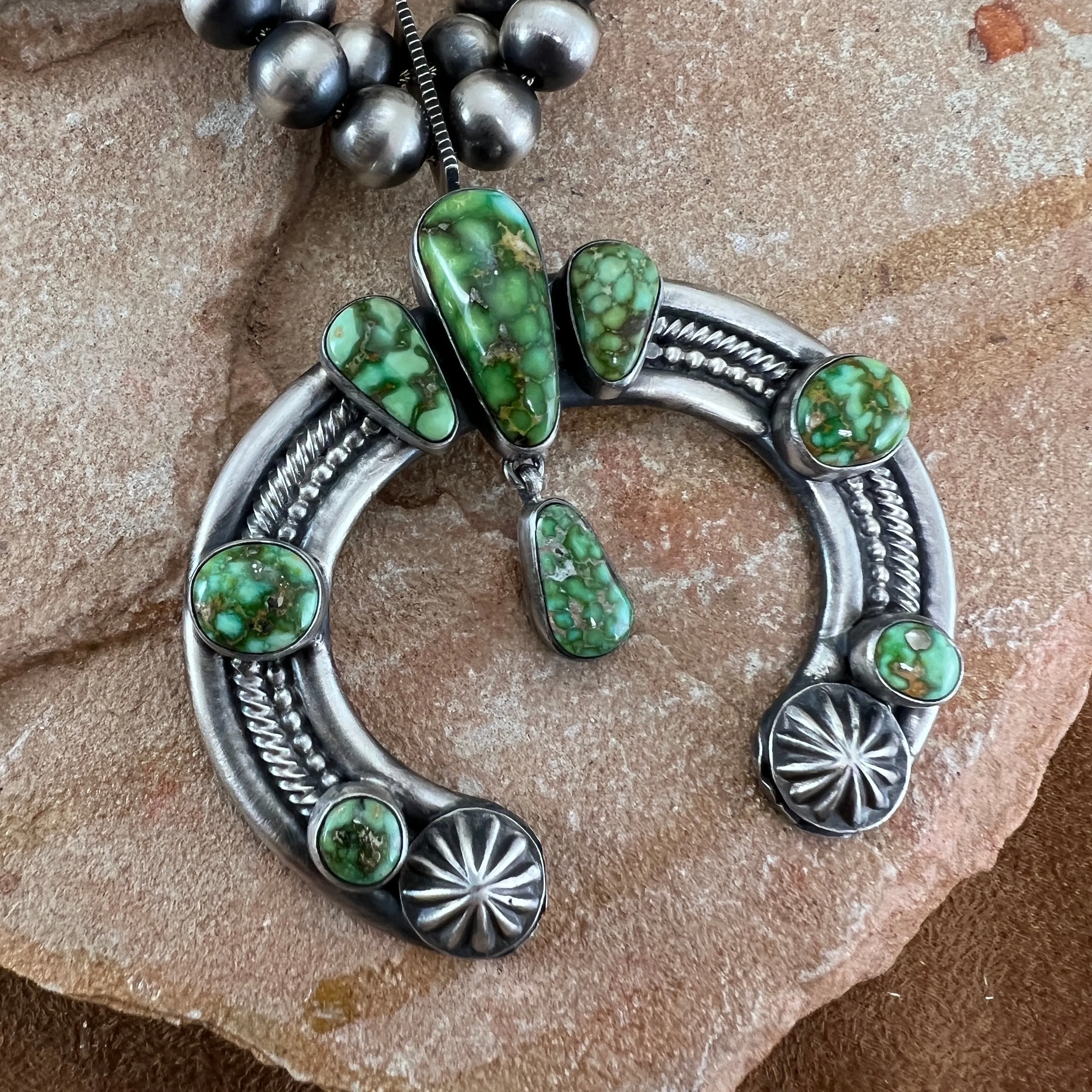 Sonoran Gold Turquoise Sterling Silver Navajo Pearl Squash Blossom Necklace Earrings by Bernyse Chavez