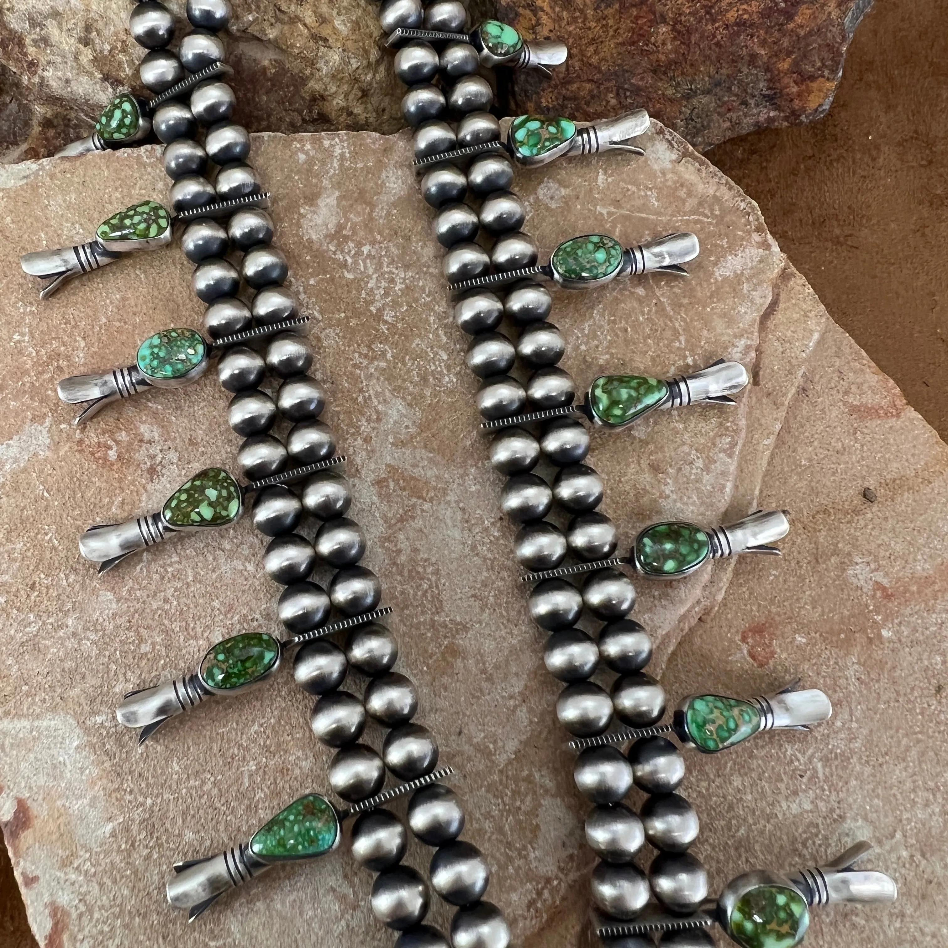 Sonoran Gold Turquoise Sterling Silver Navajo Pearl Squash Blossom Necklace Earrings by Bernyse Chavez