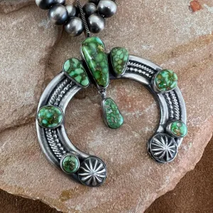 Sonoran Gold Turquoise Sterling Silver Navajo Pearl Squash Blossom Necklace Earrings by Bernyse Chavez