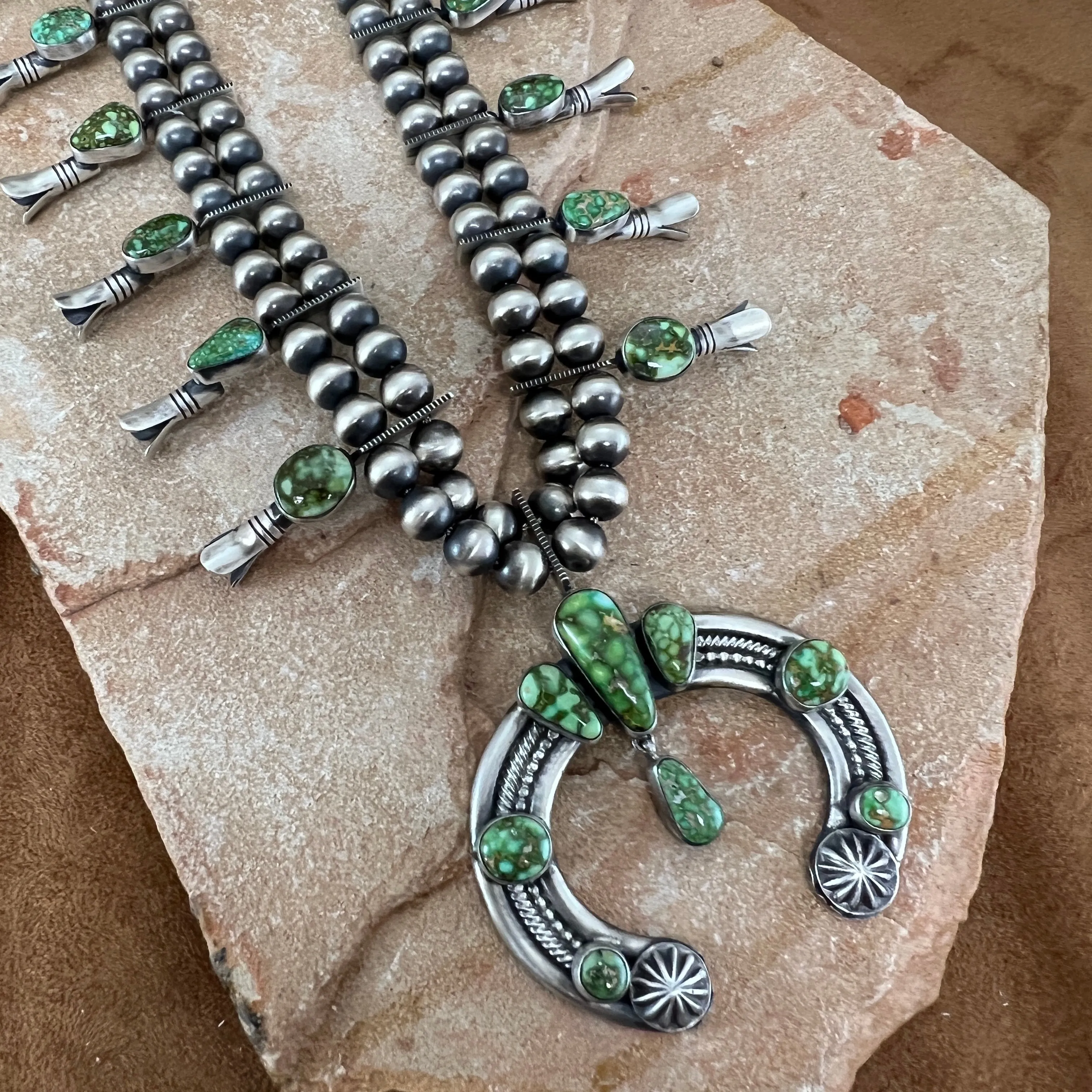 Sonoran Gold Turquoise Sterling Silver Navajo Pearl Squash Blossom Necklace Earrings by Bernyse Chavez