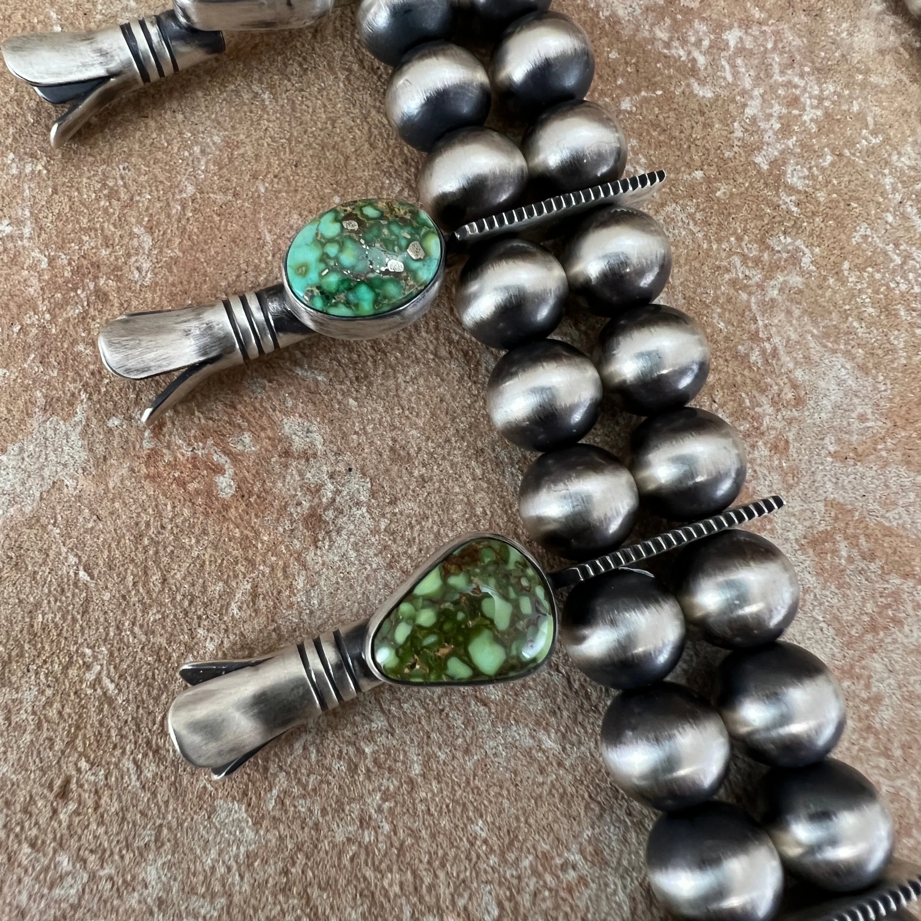 Sonoran Gold Turquoise Sterling Silver Navajo Pearl Squash Blossom Necklace Earrings by Bernyse Chavez