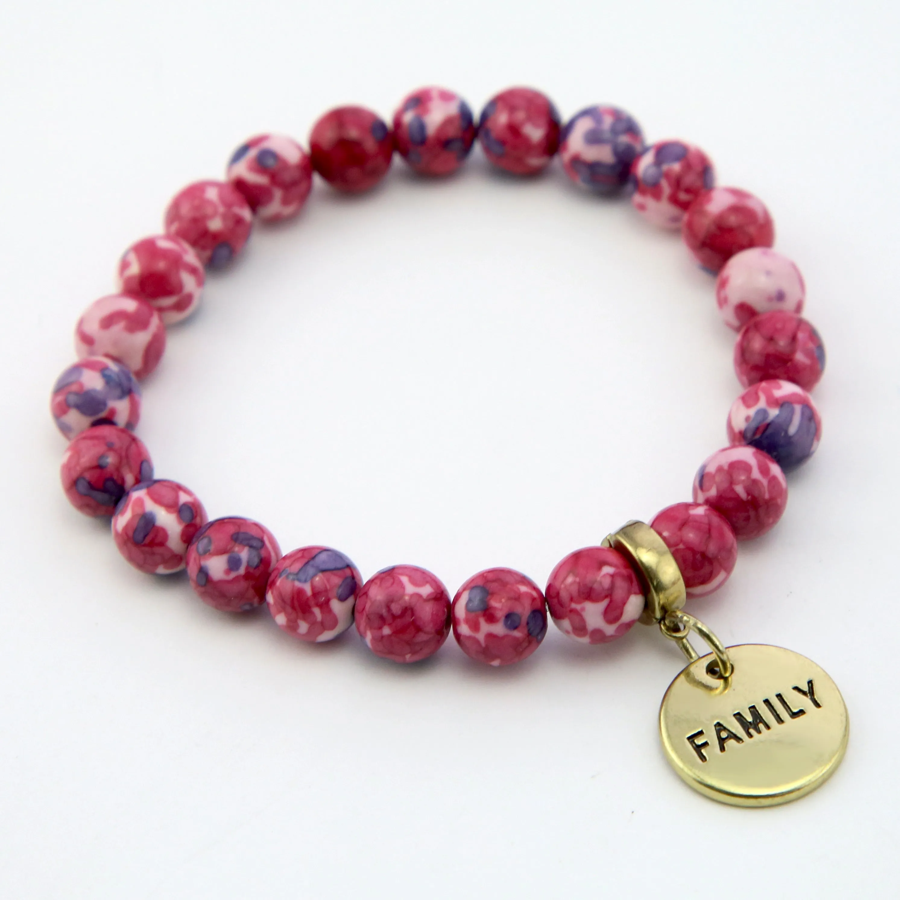 Stone Bracelet - RUBY & INDIGO Patch Agate 8mm Beads - with Vintage Gold Word Charm