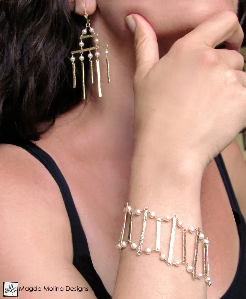 The Golden Architectural Chandelier Earrings With Freshwater Pearls