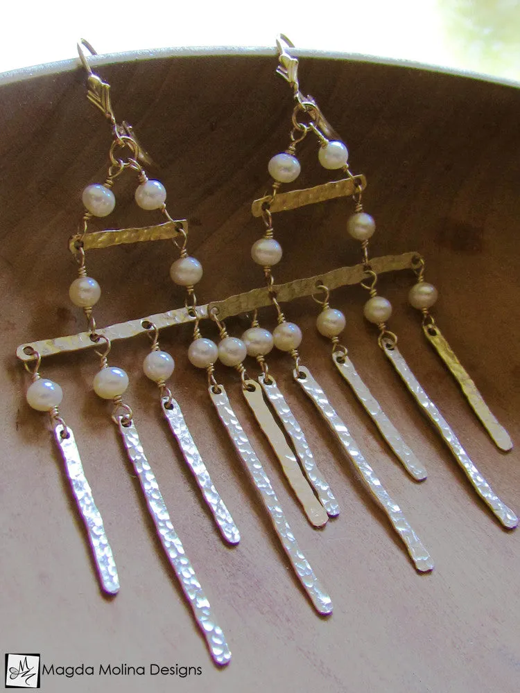 The Golden Architectural Chandelier Earrings With Freshwater Pearls