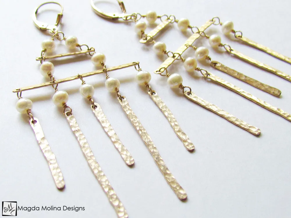 The Golden Architectural Chandelier Earrings With Freshwater Pearls