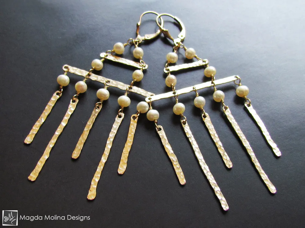 The Golden Architectural Chandelier Earrings With Freshwater Pearls