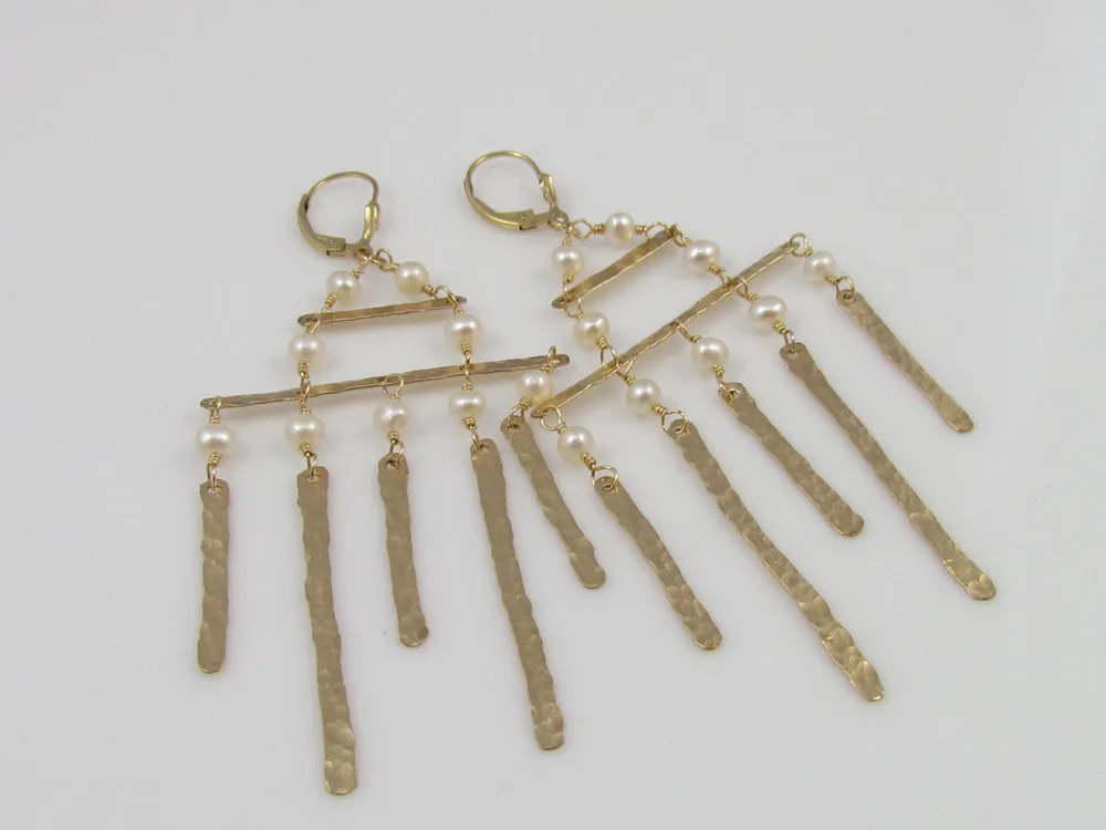 The Golden Architectural Chandelier Earrings With Freshwater Pearls