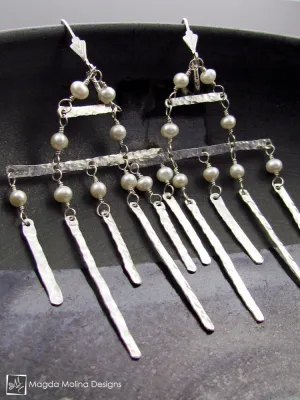 The Hammered Silver Architectural Chandelier Earrings With Freshwater Pearls