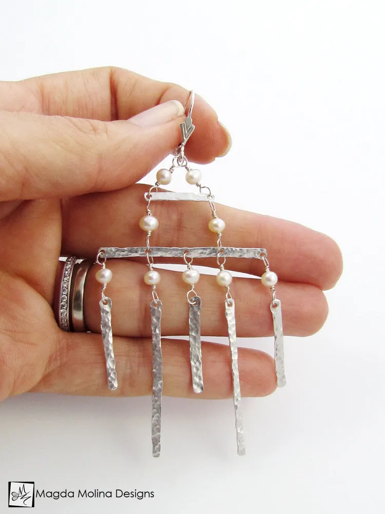 The Hammered Silver Architectural Chandelier Earrings With Freshwater Pearls