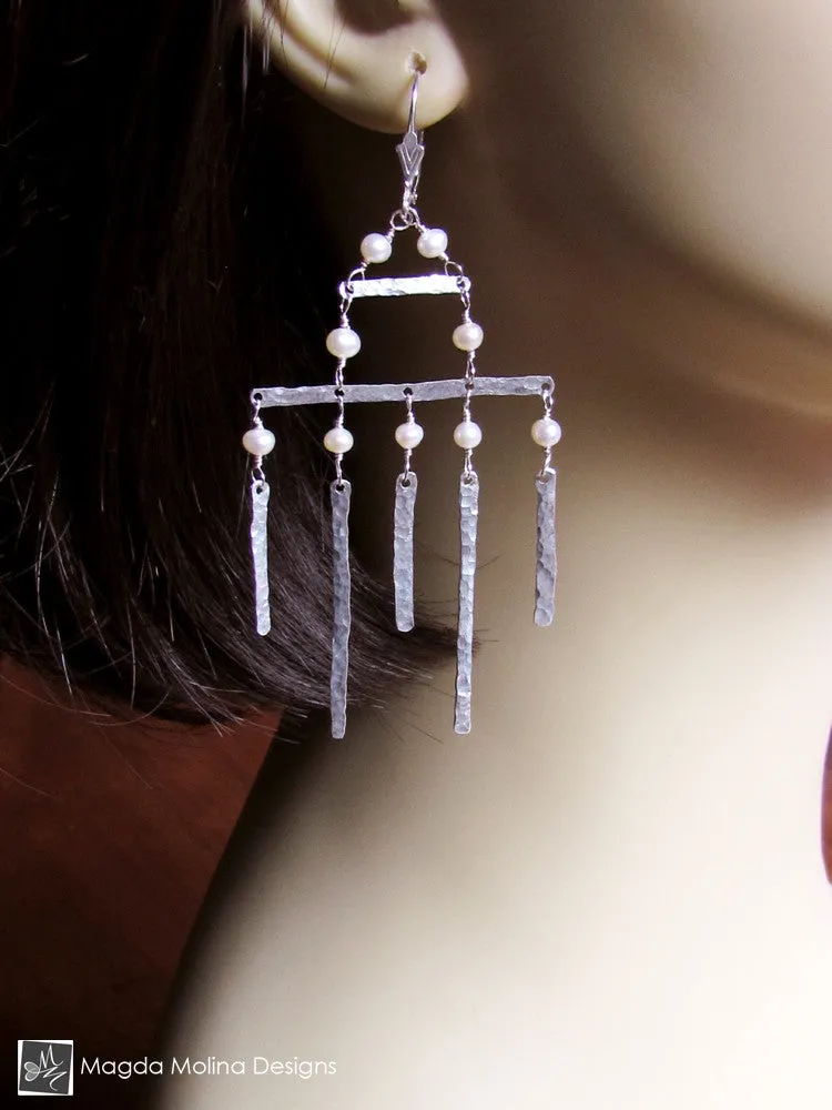 The Hammered Silver Architectural Chandelier Earrings With Freshwater Pearls