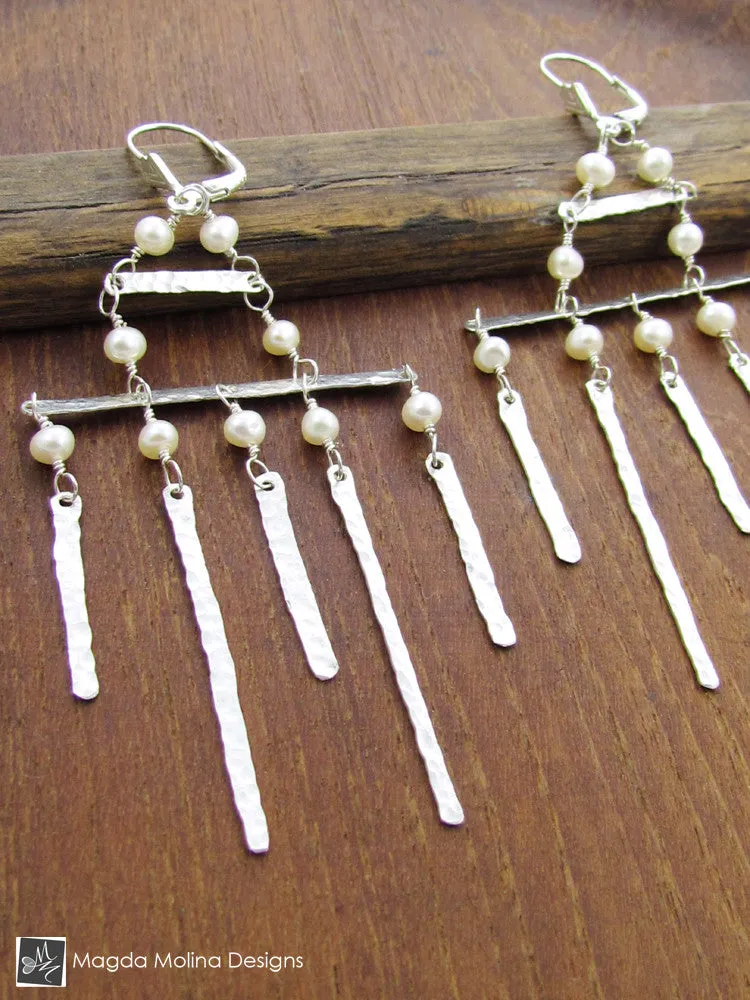 The Hammered Silver Architectural Chandelier Earrings With Freshwater Pearls