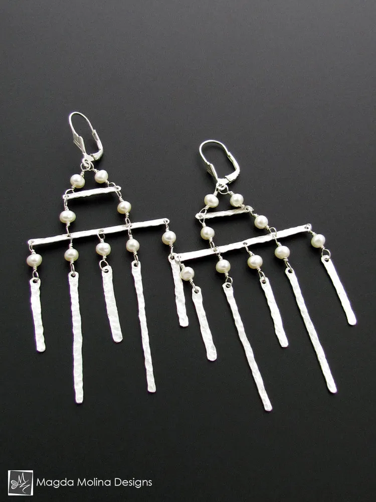 The Hammered Silver Architectural Chandelier Earrings With Freshwater Pearls
