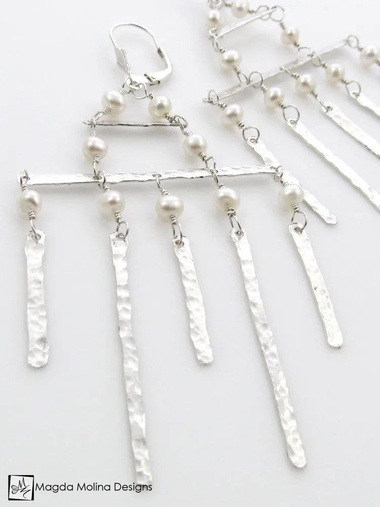 The Hammered Silver Architectural Chandelier Earrings With Freshwater Pearls