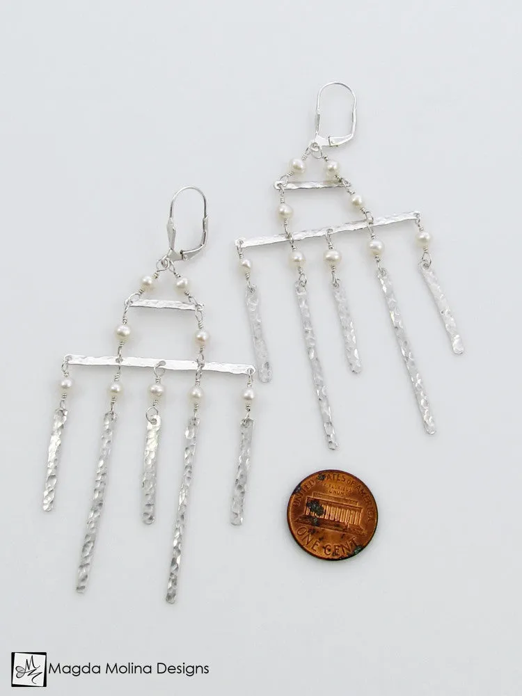 The Hammered Silver Architectural Chandelier Earrings With Freshwater Pearls