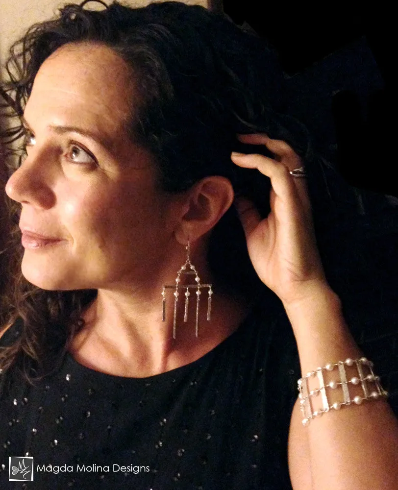 The Hammered Silver Architectural Chandelier Earrings With Freshwater Pearls