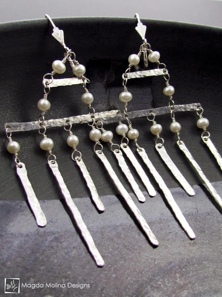 The Hammered Silver Architectural Chandelier Earrings With Freshwater Pearls