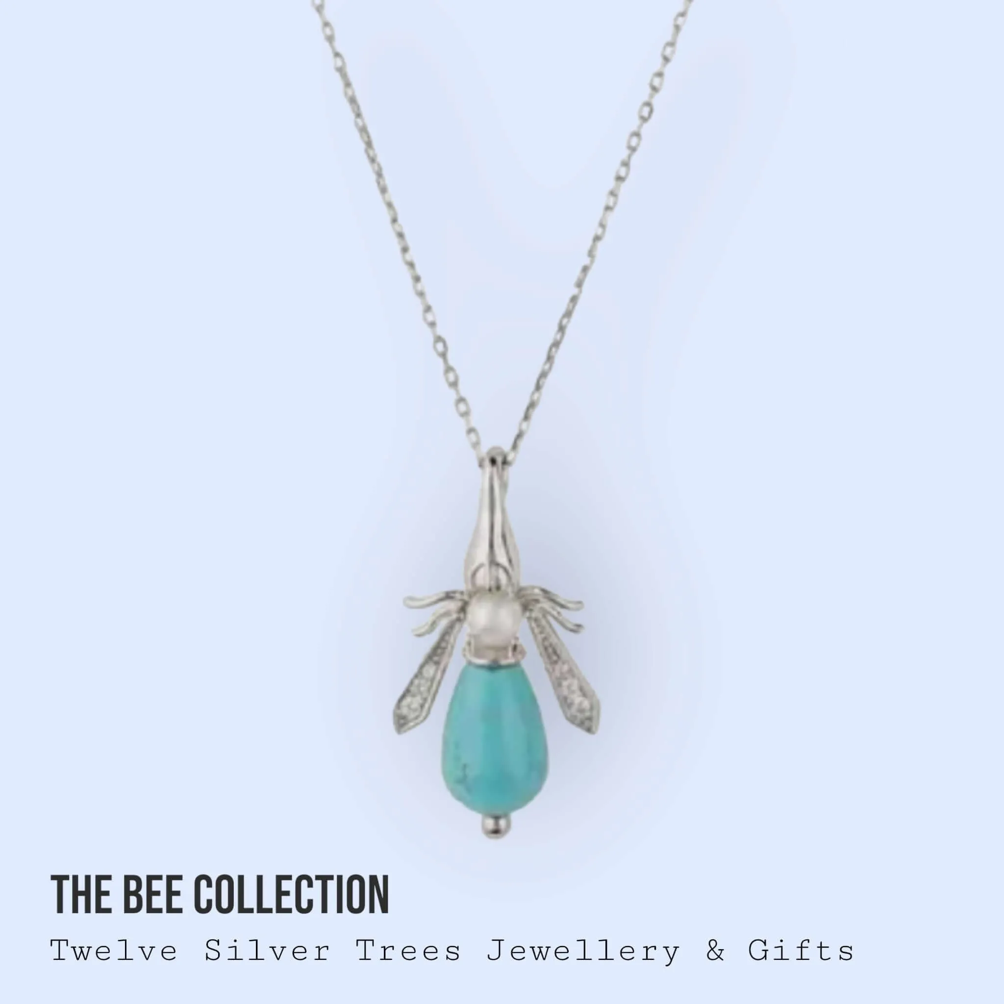 Turquoise & Pearl Gemstone Bee Pendant Sterling Silver Necklace