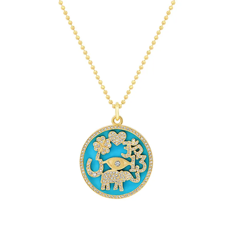 Turquoise Inlay and Diamond Pave Good Luck Necklace