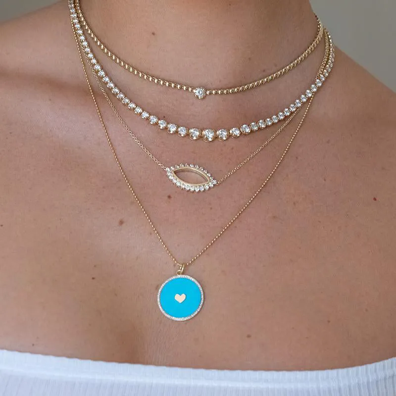 Turquoise Inlay Circle Pendant with Diamonds and Heart Detail
