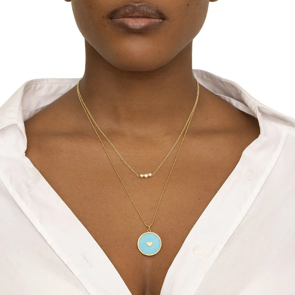 Turquoise Inlay Circle Pendant with Diamonds and Heart Detail