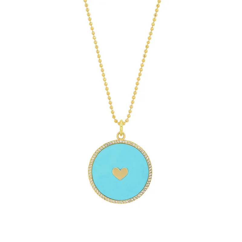Turquoise Inlay Circle Pendant with Diamonds and Heart Detail