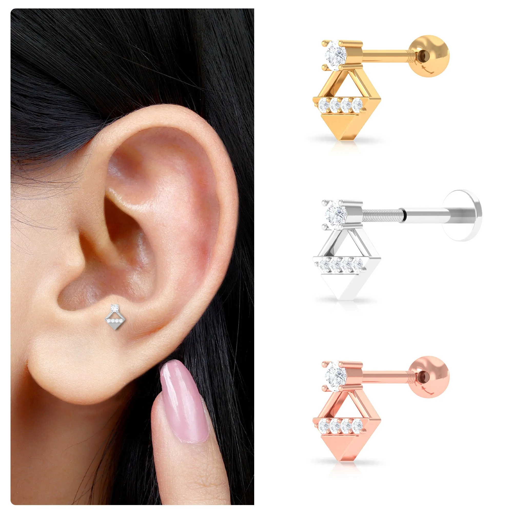 Unique Diamond Geometric Tragus Earring in Gold