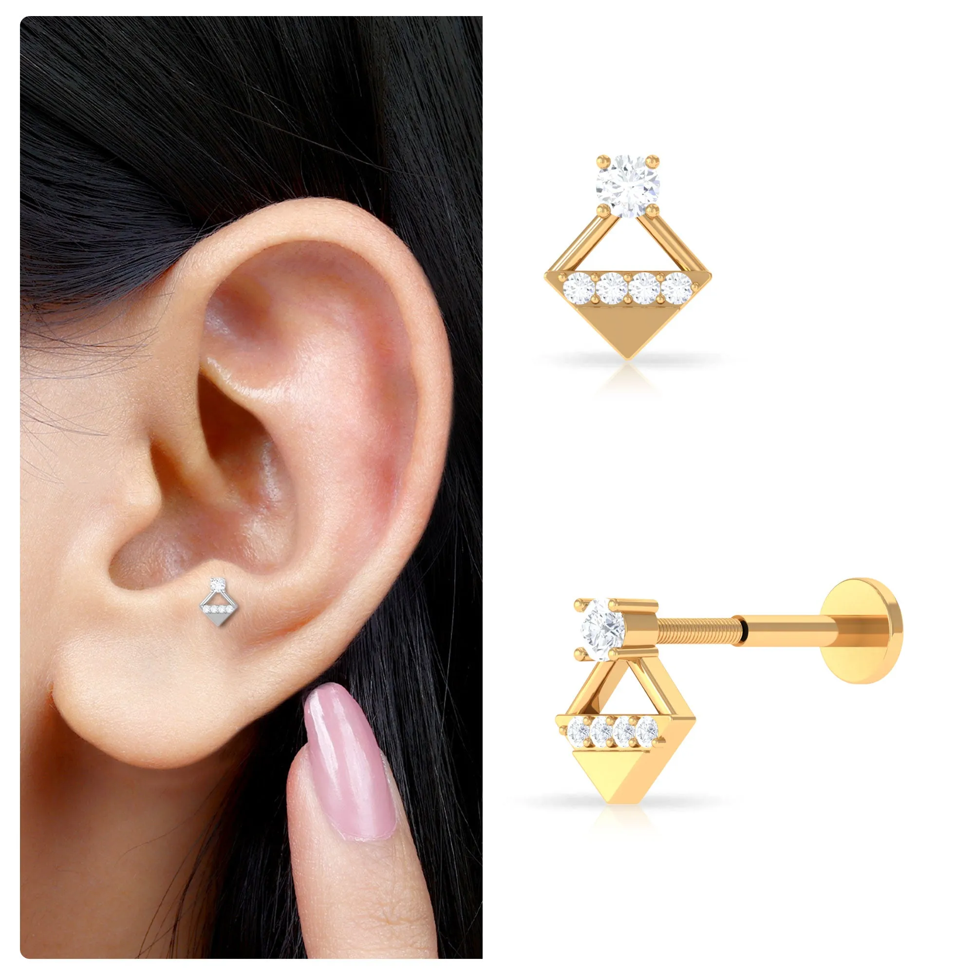 Unique Diamond Geometric Tragus Earring in Gold