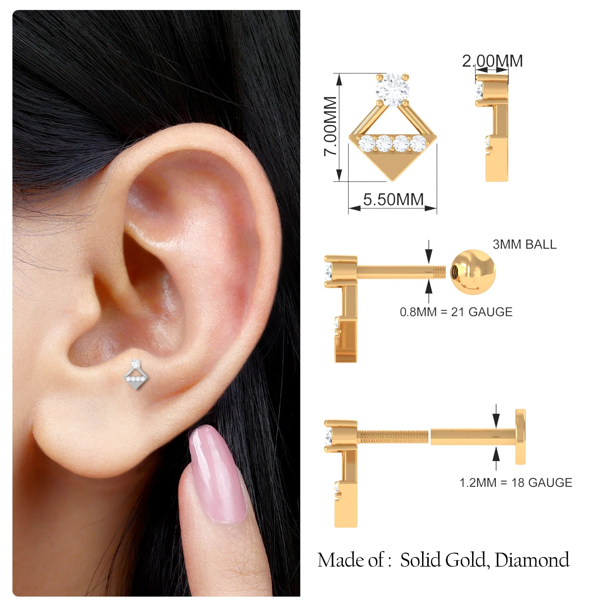 Unique Diamond Geometric Tragus Earring in Gold