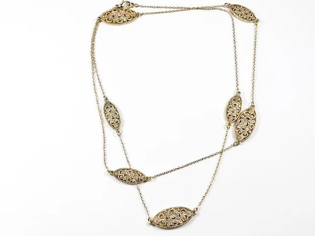 Unique Vintage Filigree Design Yellow Gold Plated Long Brass Necklace