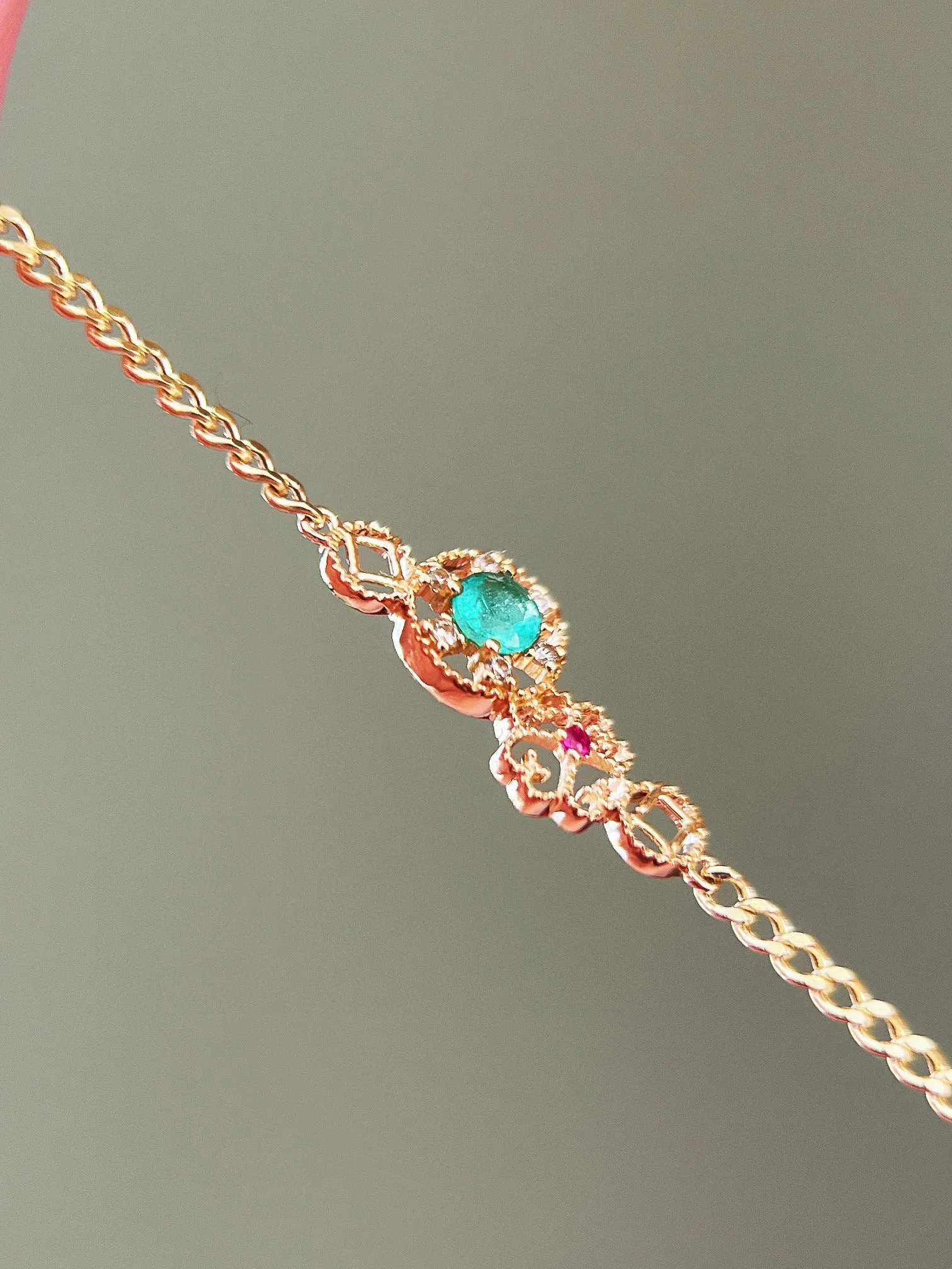 vArt Deco Gold Emerald Bracelet/Real Gold Emerald Ruby Bracelet