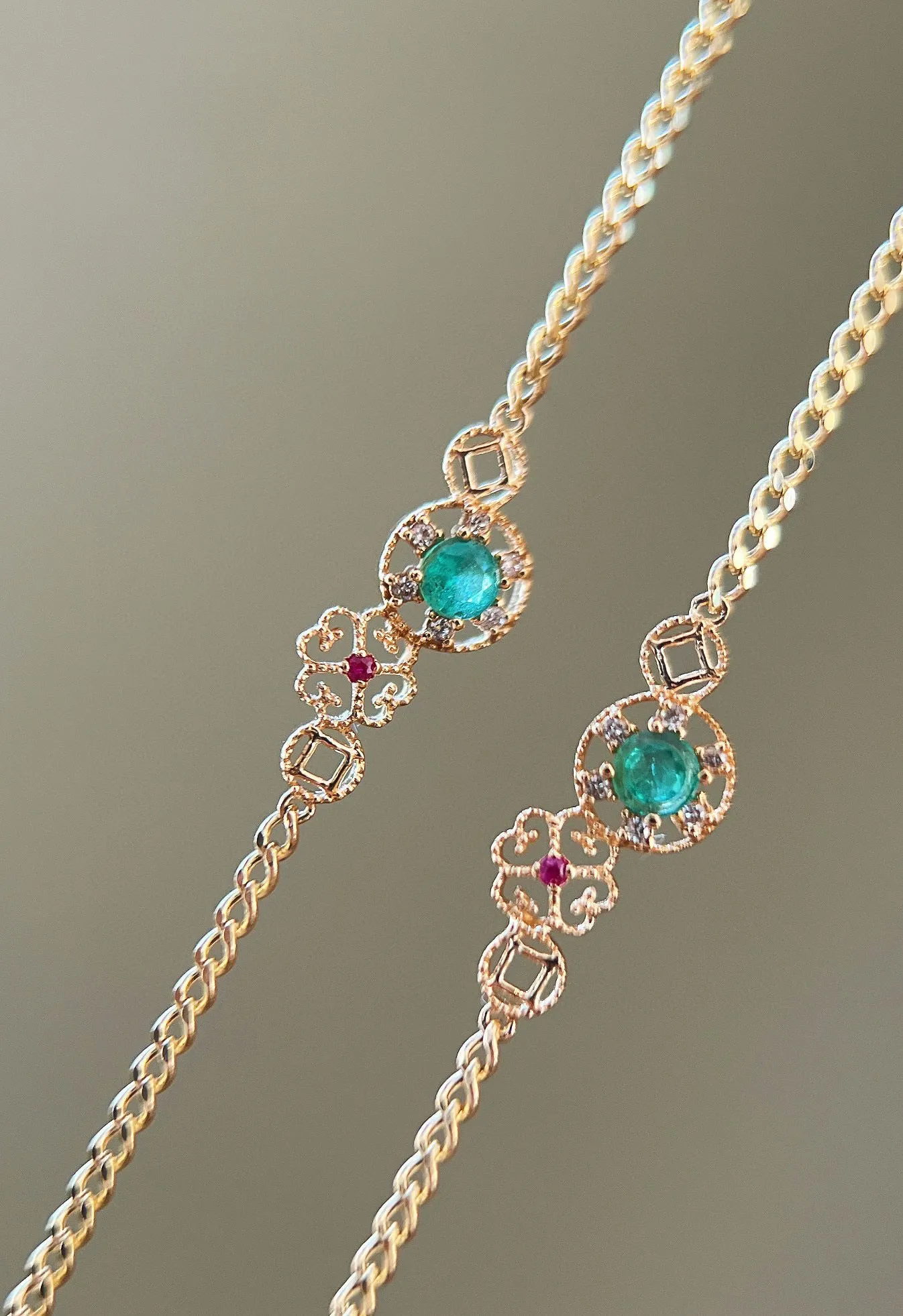 vArt Deco Gold Emerald Bracelet/Real Gold Emerald Ruby Bracelet