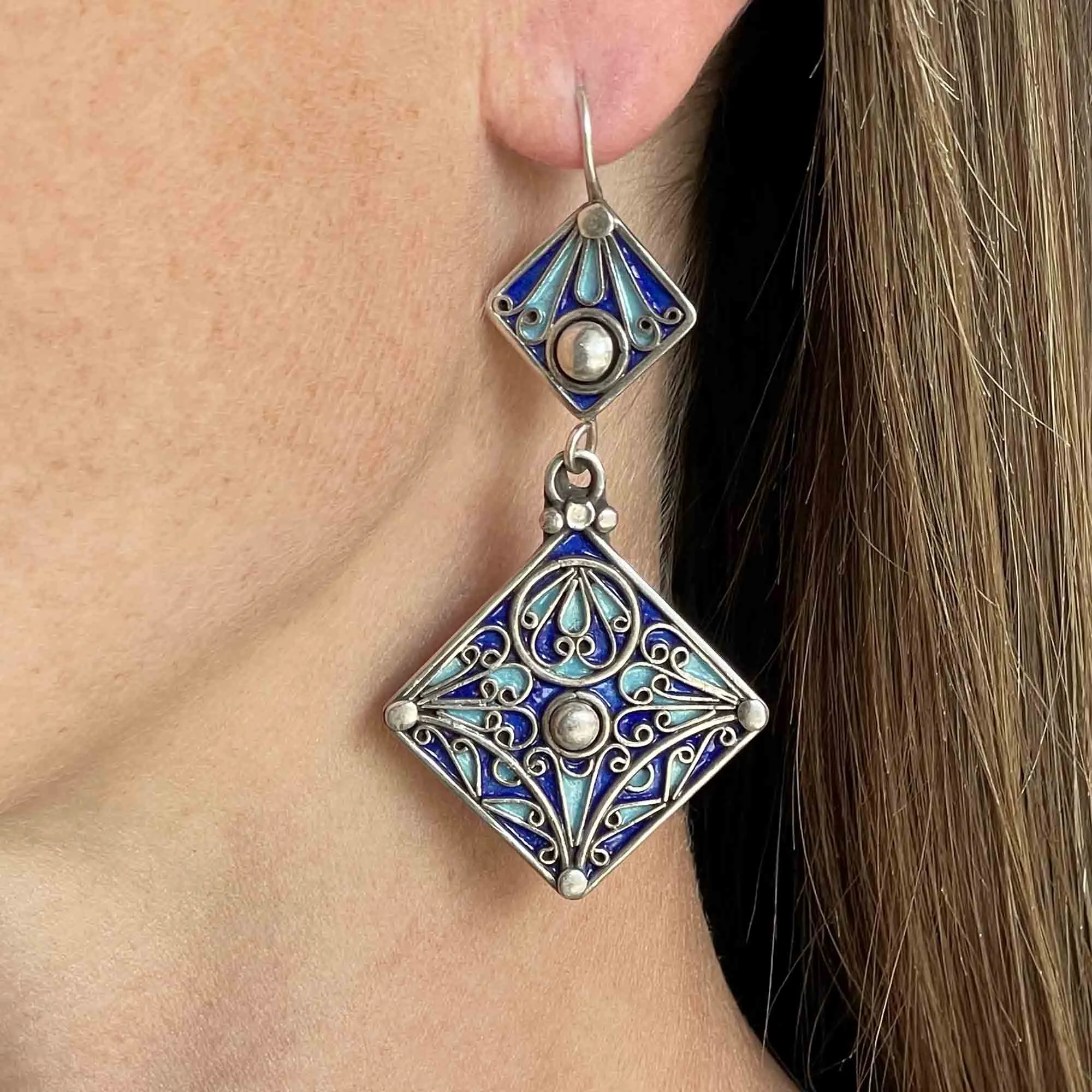 Vintage Geometric Silver Blue Enamel Chandelier Earrings