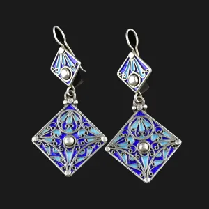 Vintage Geometric Silver Blue Enamel Chandelier Earrings