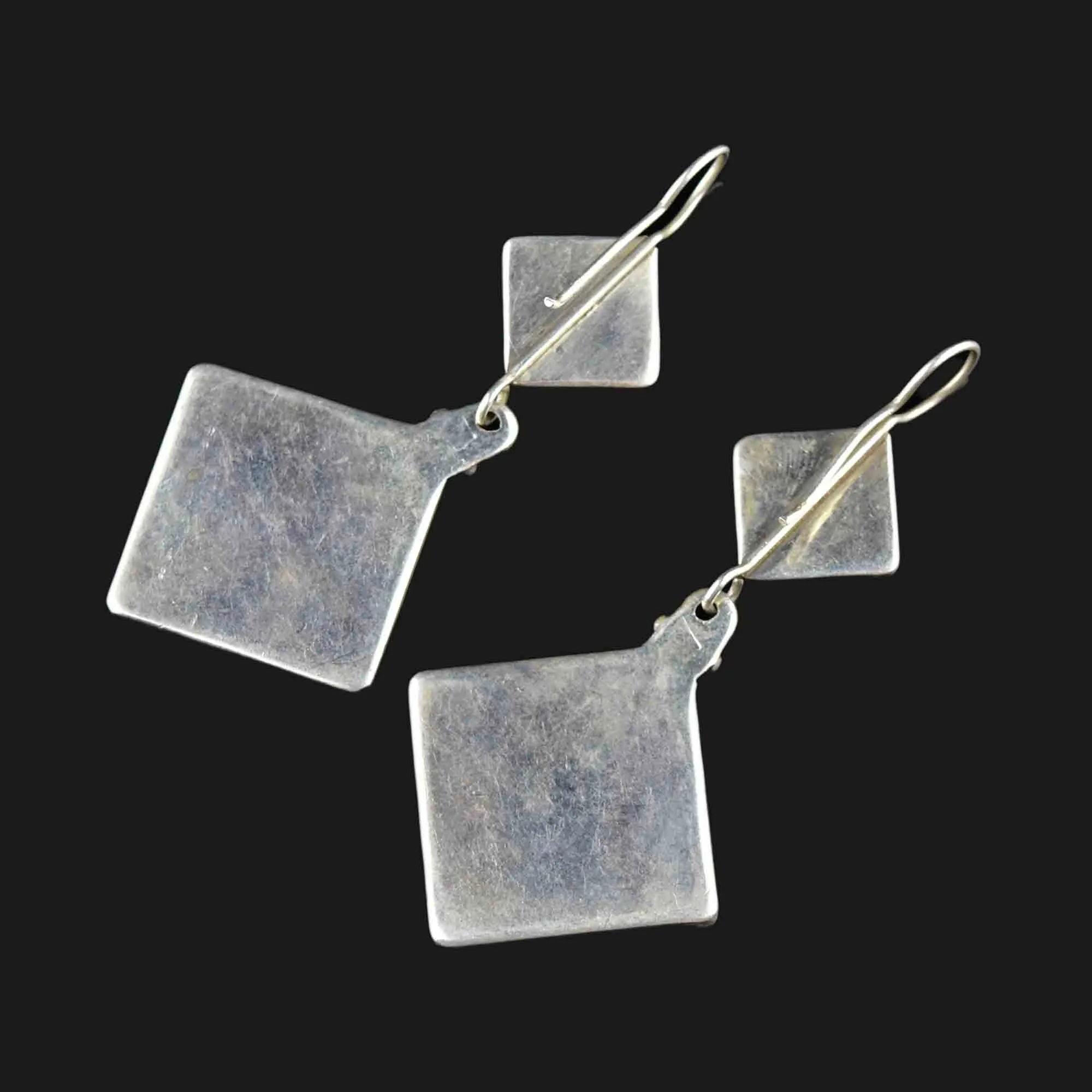 Vintage Geometric Silver Blue Enamel Chandelier Earrings