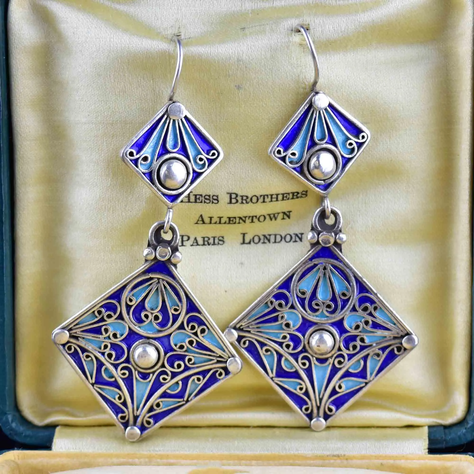 Vintage Geometric Silver Blue Enamel Chandelier Earrings