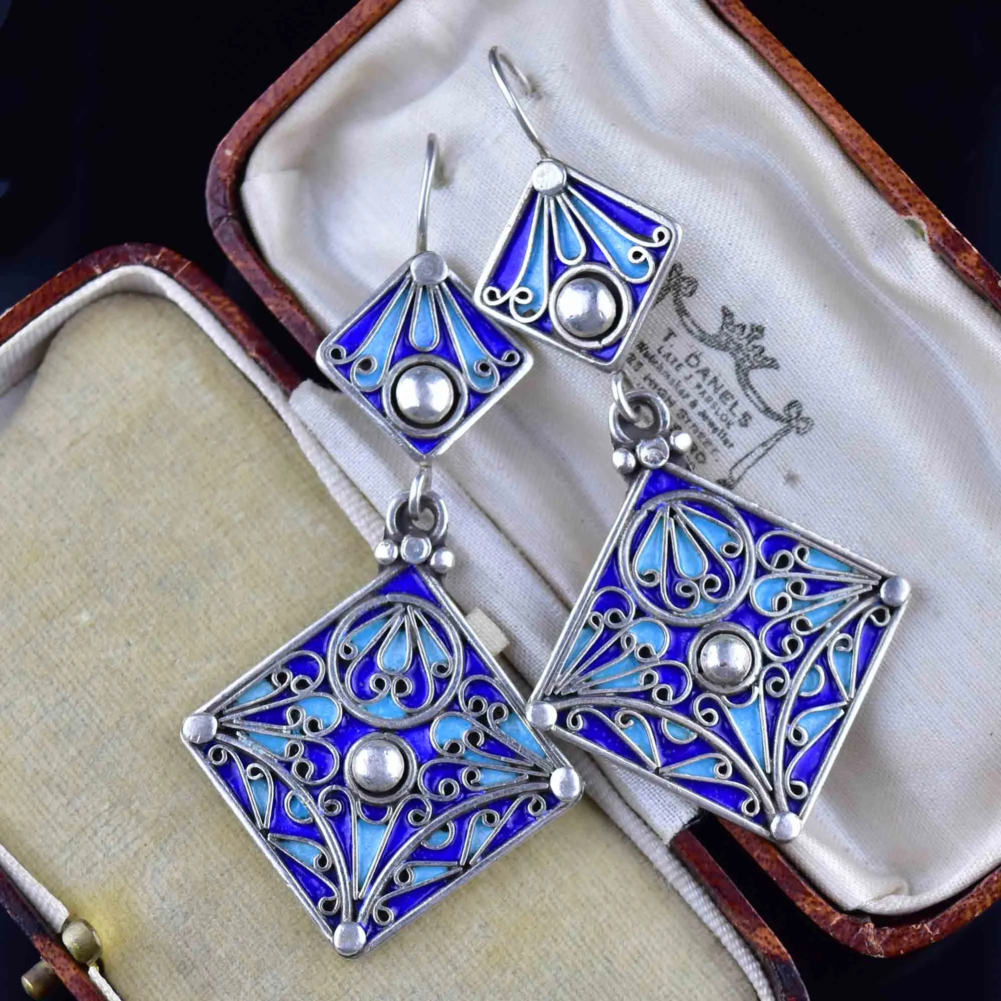 Vintage Geometric Silver Blue Enamel Chandelier Earrings