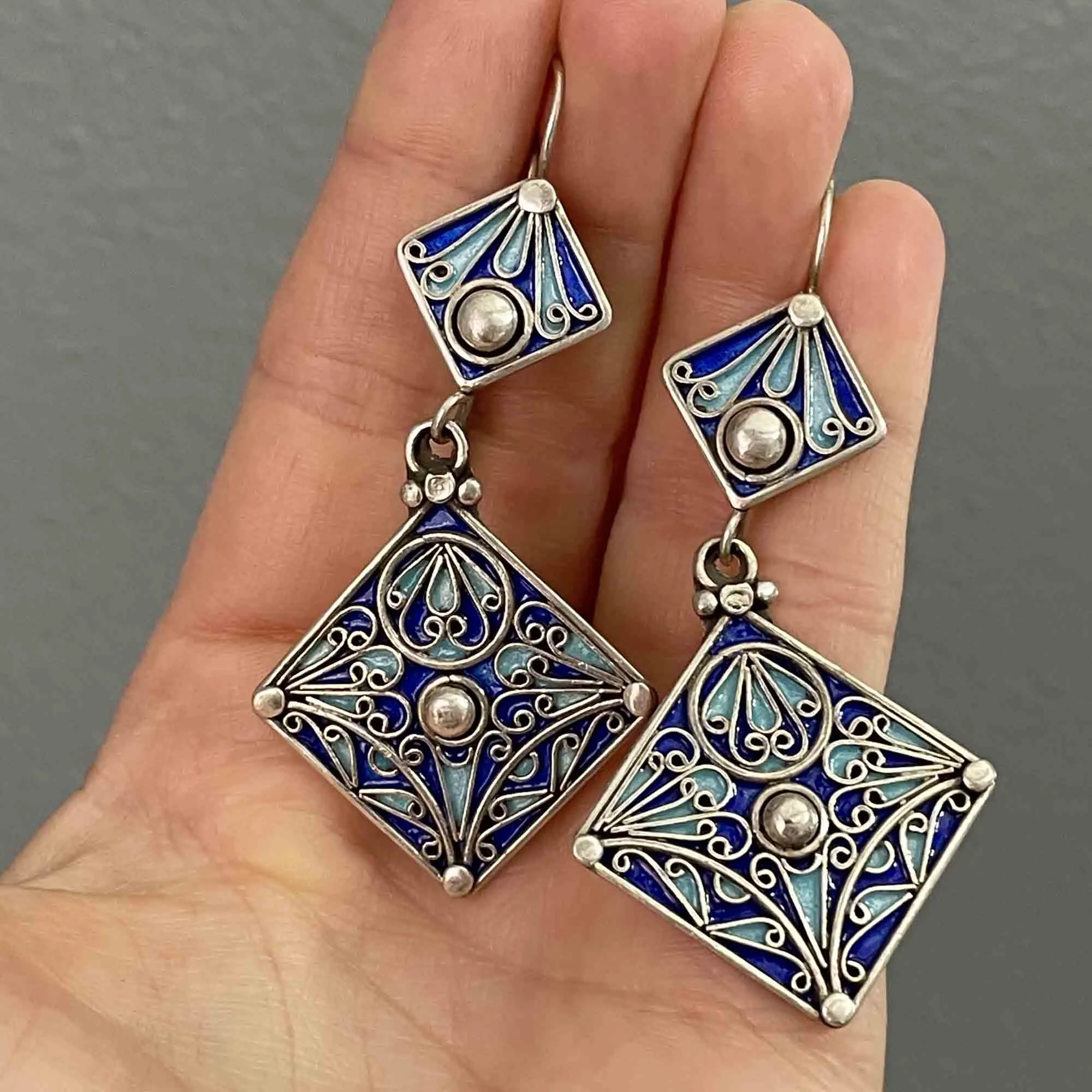 Vintage Geometric Silver Blue Enamel Chandelier Earrings