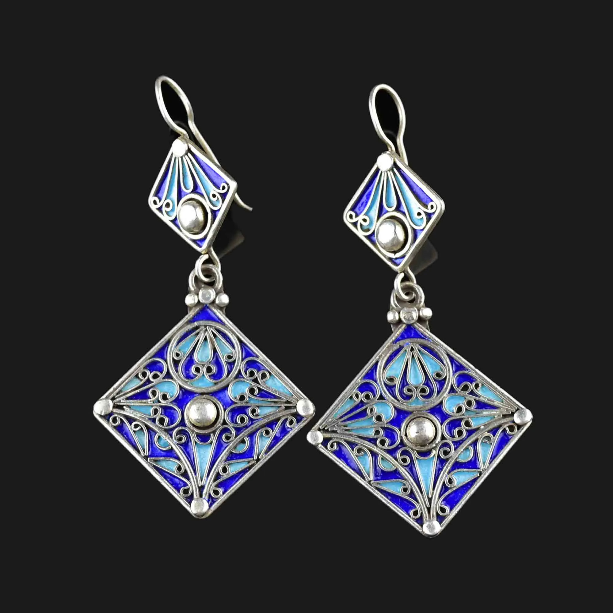 Vintage Geometric Silver Blue Enamel Chandelier Earrings