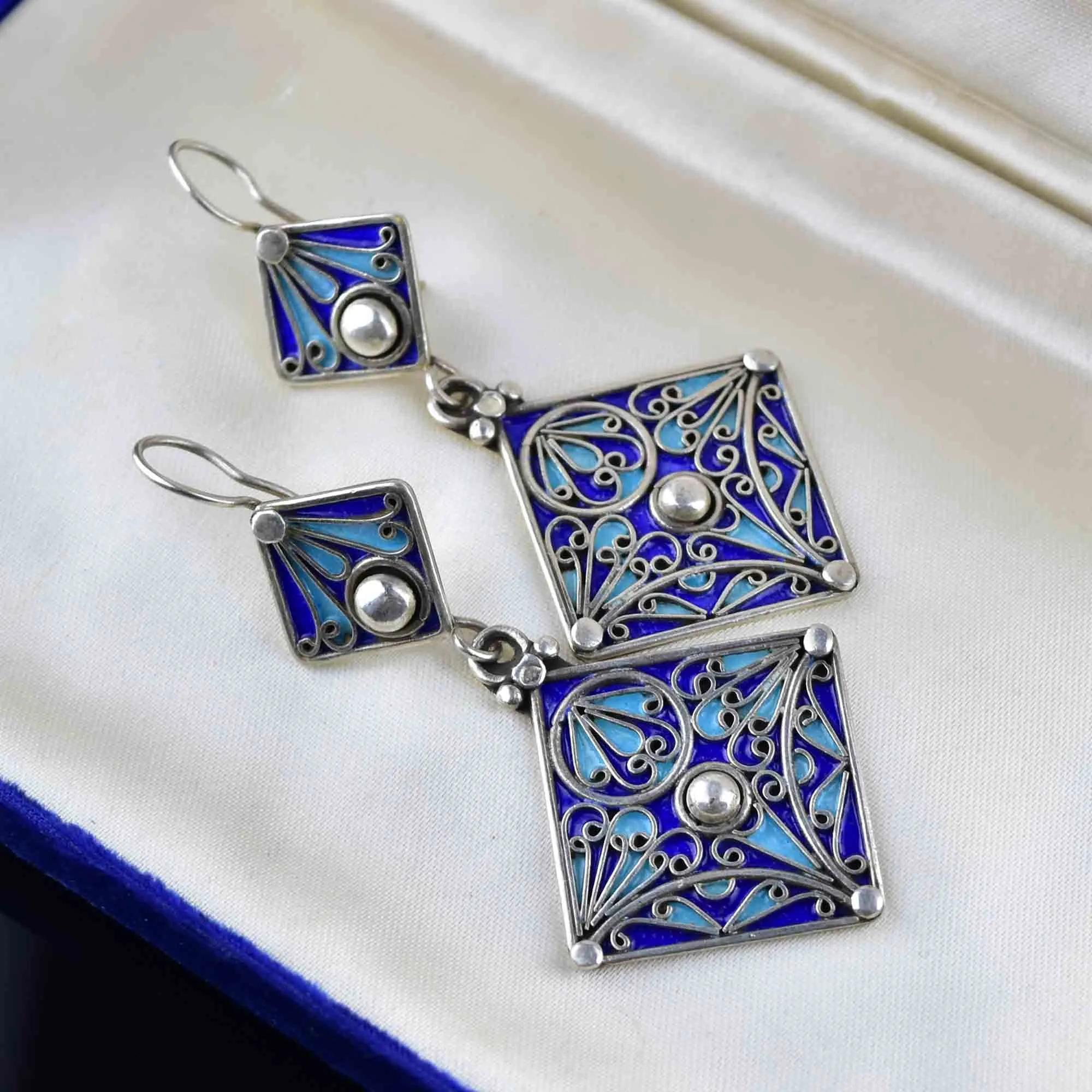 Vintage Geometric Silver Blue Enamel Chandelier Earrings