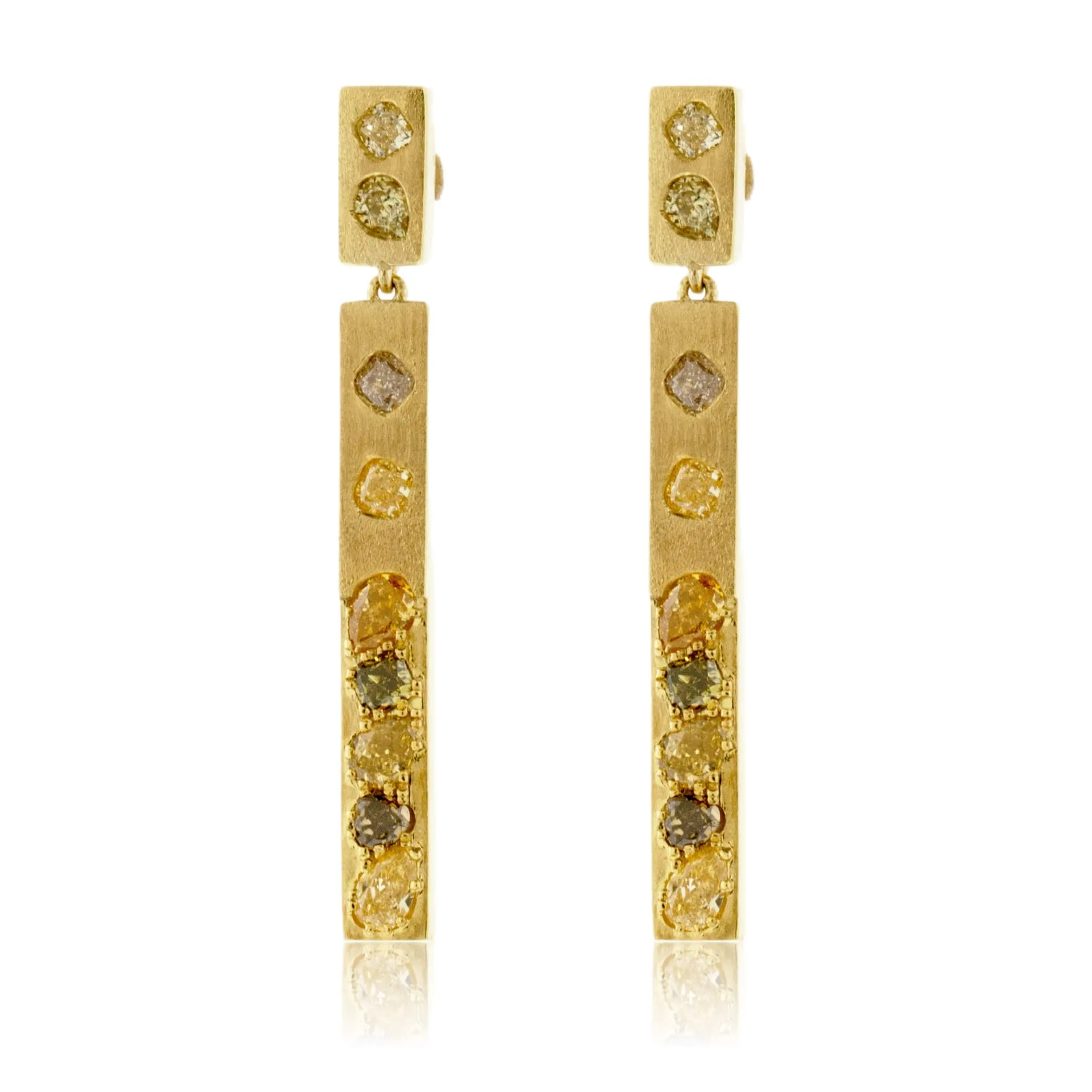 Yellow Gold Fancy Colored Diamond Dangle Bar Earrings